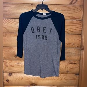 Obey Raglan, tea, size small, green, and gray